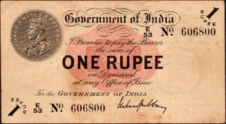 Very Rare One Rupee Banknote of King George V Signed by M M S Gubbay of 1917 of Universalised Circle.