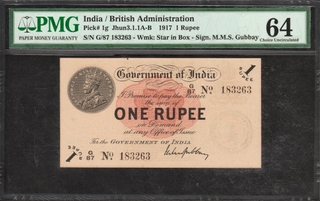 Extremely Rare PMG Graded 64 Choice UNC One Rupee Banknote of King George V Signed by M M S Gubbay of Universalised Circle of 1917.