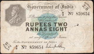 Extremely Rare Two Rupees and Eight Annas Banknote of King George V Signed by M.M.S. Gubbay of Cawnpore Circle of 1918.