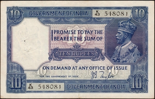 Ten Rupees Banknote of King George V Signed by J B Taylor of 1926.