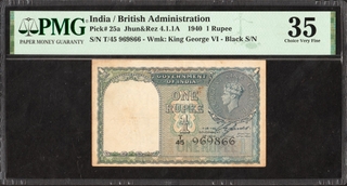 Extremely Rare PMG Graded as 35 Misalignment Error One Rupee Banknote of King George VI Signed by C E Jones of 1944.