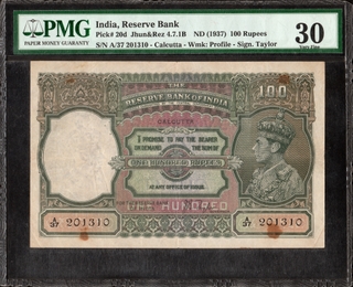 Rare PMG Graded 30 One Hundred Rupees Banknote of King George VI Signed by J B Taylor of 1938 of Calcutta Circle.