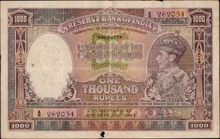 Extremely Rare One Thousand Rupees Banknote of King George VI Signed by J B Taylor of 1938 of Calcutta Circle.