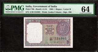 PMG Graded 64 Choice Uncirculated One Rupee Banknote Signed by S Bhoothalingam of Republic India of 1964.