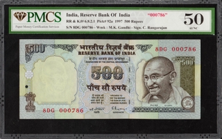 PMCS Graded 50 AUNC Five Hundred Rupees Fancy No 000786 Banknote Signed by C Rangarajan of Republic India of 1997.