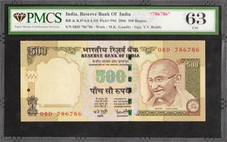 PMCS Graded as 63 UNC Five Hundred Rupees Fancy No 786786 Banknote Signed by Y V Reddy of Republic India of 2006.