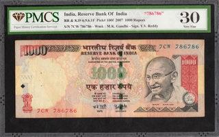 PMCS Graded 30 Very Fine One Thousand Rupees Fancy No 786786 Banknote Signed by Y V Reddy of Republic India of 2007.