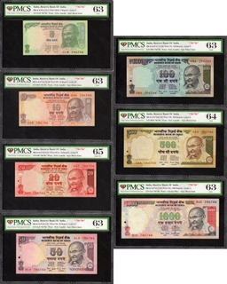  7 PMCS Graded 63,65 & 64 Different Denomination Banknotes Fancy Number 786786 Signed by Bimal Jalan of Republic India.