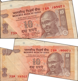 Extra Paper & cutting Error Ten Rupees Banknote of Republic India.