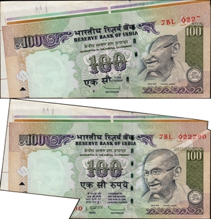 Extra Paper & Sheet Fold Cutting Error One Hundred Rupees Banknote Signed by D Subbarao of Republic India of 2009.