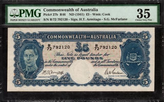 PMG Graded 35 Very Fine Five Pounds Banknote of  King George VI of Australia of 1941.