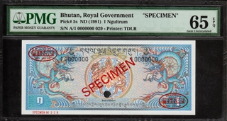 PMG Graded 65 Gem Uncirculated Exceptional Paper Quality Specimen One Ngultrum Banknote of Bhutan of 1981.