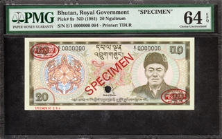 PMG Graded 64 Choice  Uncirculated Exceptional Paper Quality Specimen Twenty Ngultrum Banknote of Bhutan of 1981.