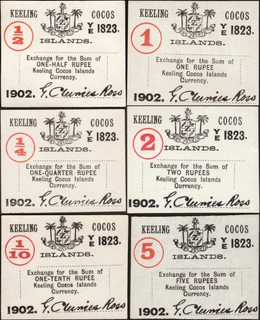 Extremely Rare Set of Six Banknotes of Keeling Cocos Islands Signed by G Clunies Ross of 1902.