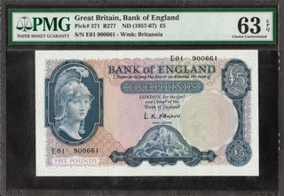 PMG Graded 63 Choice Uncirculated Exceptional Paper Quality Five Pounds Banknote of Queen Elizabeth II of the United Kingdom.