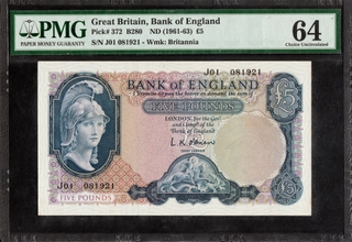 PMG Graded 64 Choice Uncirculated Five Pounds Banknote of Queen Elizabeth II of the United Kingdom.