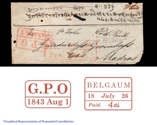 Extremely Rare Pre Stamp cover dispatched from Belgaum to Madras, wrong dispatched seal of 1826