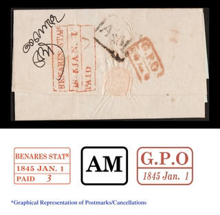 Very Rare Pre Stamp Cover sent to Secretary of the Bank of Bengal in 1845 having seal of Banaras Station to Calcutta