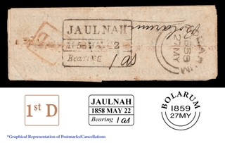 Extremely Rare Steamer Cover dispatched from Jaulnah to Bolarum in 1858 