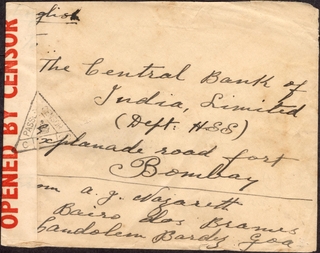 Rare Censor Cover of Portuguese India of World War I Period address to The Central Bank of India Limited