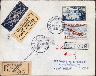 Regsitered Air Mail DLO Cover sent from France to Delhi in 1955