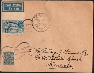 First Flight Air Mail Cover from Calcutta to Karachi  with Slogan UR WANTED ON THE TELEPHONE