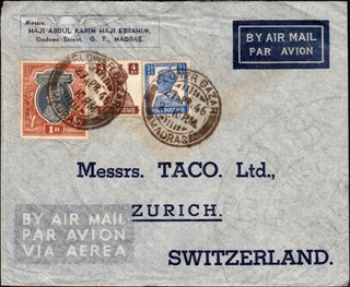 Air Mail Cover dispatched from Madras to Zurich with the cancellation of FLOWER BAZAR MADRAS.