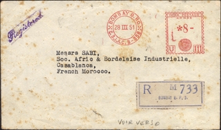 Very Rare Meter Franking Registered Cover of 1951 dispatched to Very Rare destination FRENCH MOROCCO.