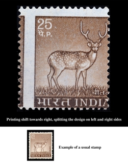 Error Stamp of definitive Series of 1974, 25p Chittal, Printing shifted to right and down