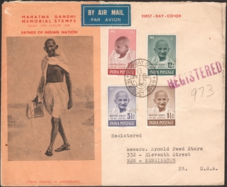 Extremely Rare Private First Day Registered Cover of Gandhi 4V stamps Complete set.