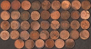 Different Rulers, Mint, and Years of Copper and Bronze One-Twelfth Anna Forty-Three Coins Collection.