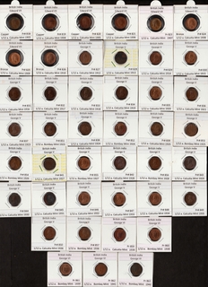 Different Ruler, Mint, and Years of Copper and Bronze One Twelfth Anna Forty-Three Coins Collection.