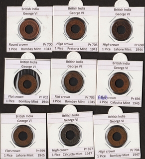 Bronze One Pice Nine Coins Collection of King George VI of Different Mint and Years.