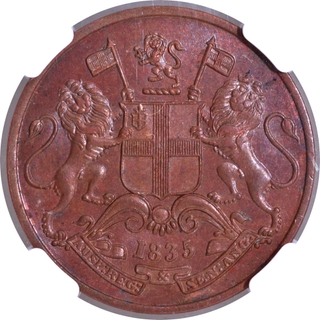 Rare NGC MS 64 BN Graded 1835 of Copper One Quarter Anna Coin of East India Company of Madras Mint.