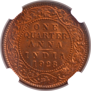 Scarce NGC MS 66 RB Graded Bronze One Quarter Anna Coin of King George V of 1928 of Calcutta Mint.