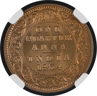 Extremely Rare Top-Pop NGC MS 67 RD Graded Bronze One Quarter Anna Coin of King George V of Calcutta Mint of 1934.