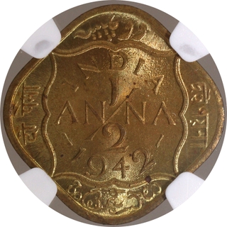 Rare NGC MS 66 Graded Nickel Brass Half Anna Coin of King George VI of Bombay Mint of 1942.