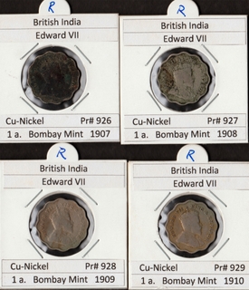 Bombay Mint of Cupro Nickel One Anna Four Coins Collection of King Edward VII of Different Years.