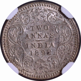 Extremely Rare Graded NGC MS 65 Victoria Empress of Silver Two Annas Coin of 1892 of Calcutta Mint.