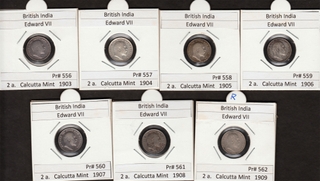 Silver Two Annas Seven Coins Collection of Different Years of Calcutta Mint of King Edward VII.