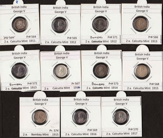 Eleven Coins Collection of Silver Two Annas Different Years of King George V of Calcutta and Bombay Mint.