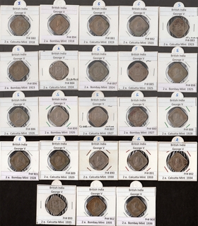 King George V of Cupro Nickel Two Annas Twenty-Three Coins Collection of Different Years and Mints.