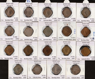 King George VI of Two Annas Nineteen Coins Collection of Different Metal, Year, and Mints.