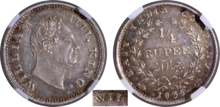 Extremely Rare NGC MS 62 Graded Silver Quarter Rupee Coin of King William IIII of Bombay Mint of 1835.