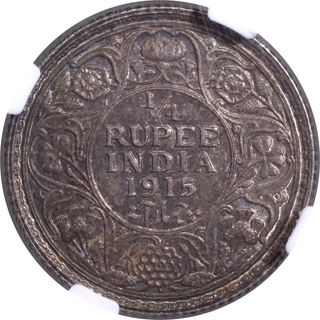 Very Rare Silver Quarter Rupee Coin of King George V of Bombay Mint of 1915 with Toning.