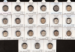 Silver Quarter Rupee Twenty-One Coins Collection of King George V of Different Mints and Years.