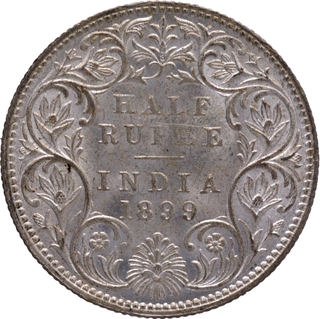 Rare Gem UNC B Incused Inverted Silver Half Rupee Coin of Victoria Empress of Bombay Mint of 1899.