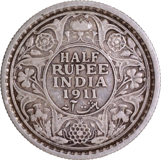 Extremely Rare 1911 Silver Half Rupee Coin of King George V of Calcutta Mint.