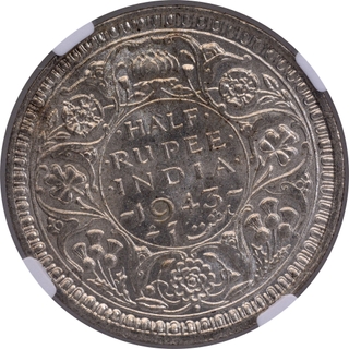 NGC MS 62 Graded Silver Half Rupee Coin of King George VI of Bombay Mint of 1943.