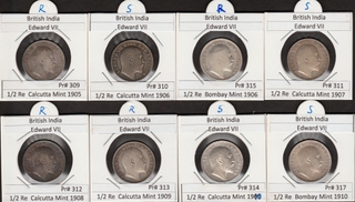 King Edward VII Silver Half Rupee Eight Coins Collection of Calcutta and Bombay Mint of Different Years.